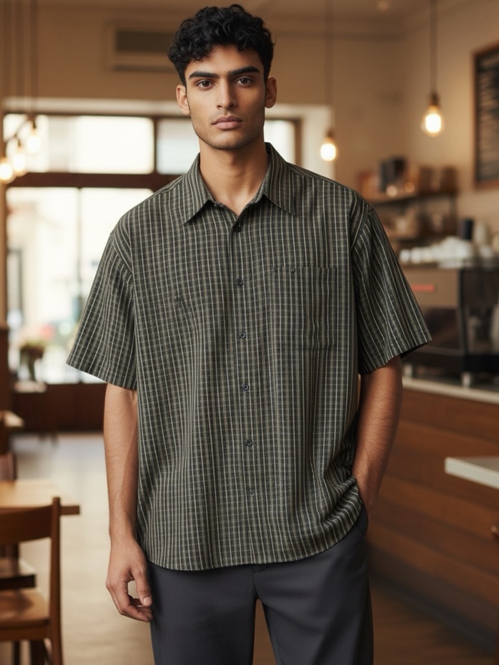 Haggar Olive-Green Striped Short-Sleeve Button-Down Shirt